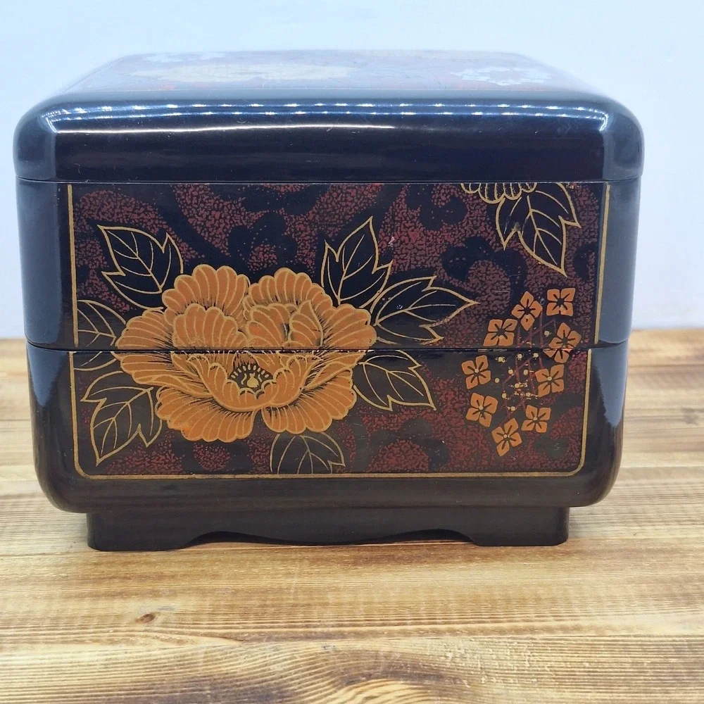 Floral Black Lacquered Jewelry Box 2 Tier With Lid Made in Taiwan VTG‎ Interpur